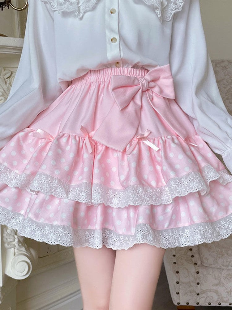Zoki Kawaii Bow Cake Skirt Women High Waist Cute Dot Sweet Mini Skirts Fashion Casual Japan Female Solid Summer A Line Skirt New
