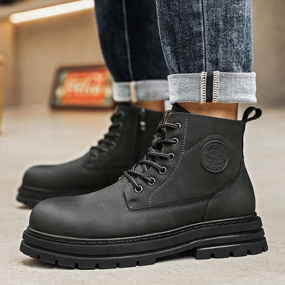 New winter men's shoes rain boots motorcycle leather shoes plush warm outdoor leisure high-top lace-up women's boots