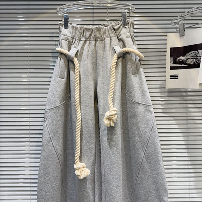 2025 New Women Personalized Woven Hemp Rope Belt Loose Wide-leg Casual Pants Bloomers