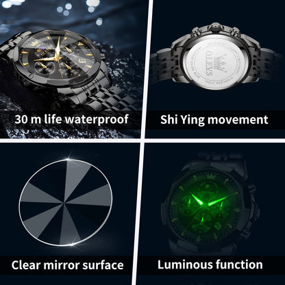 OLEVS Original Fashion Moon Phase Men's Watches Waterproof Chronograph Quartz Watch Stainless steel Calendar Brand Wristwatch