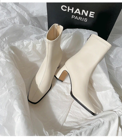 Autumn and Winter New Brown Short Boots with Velvet Coarse Heel French Ankle Boots and Back Zipper Square Head Boots