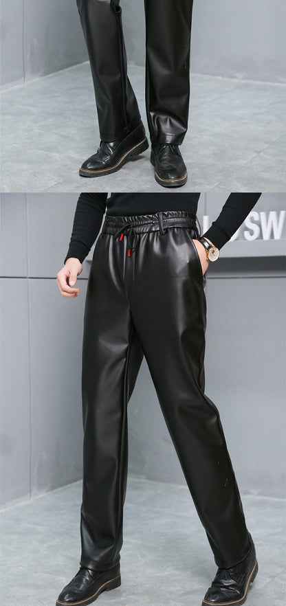 Men's Loose High-Waisted Fce-Lined Thiened Motorcycle Leather Pants Windproof Waterproof Busin Casual Long Trousers