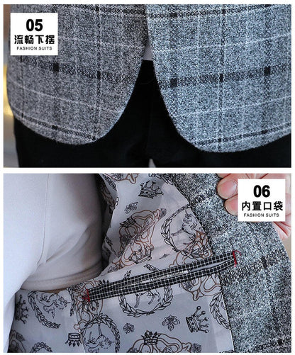 Men's casual plaid suit jacket, fashionable and versatile slim-fitting top, stylish plaid suit