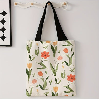 Floral Letter Pattern Printed Tote Bag Fashionable Reusable Shoulder Bag Polyester Handbag Lightweight Casual Shopper Bag