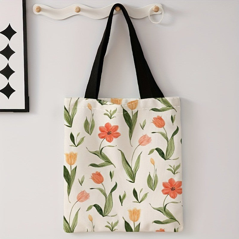 Floral Letter Pattern Printed Tote Bag Fashionable Reusable Shoulder Bag Polyester Handbag Lightweight Casual Shopper Bag