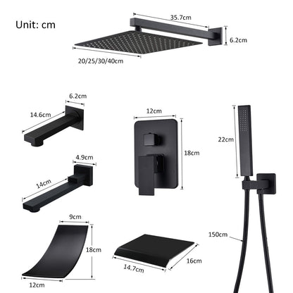 Black Concealed Shower System Rain Waterfall Bathroom Embedded Shower Faucet Set with Tub Spout