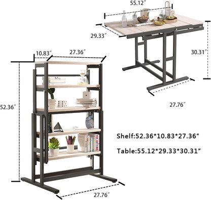 2-in-1 Shelf To Table Compact Furniture, Extendable Dining Table With Metal Frame, Convertible Kitchen Table For 4-6, 55inch