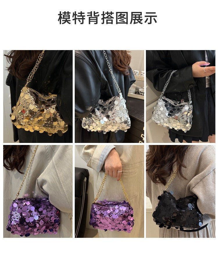 Sequin Evening Party Shoulder Bags for Women Lightweight Portable Ladies Chain Crossbody Bag Solid Color Casual Female Handbag
