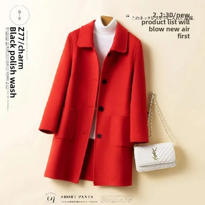 High-End Korean Style Double-Faced Cashmere Woolen Coat for Women Mid-Length Thickened Polyester Fiber Winter Outerwear