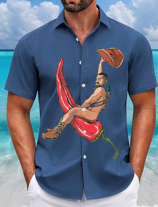 Summer Men's Funny Cowboy Pepper Shirts Short SleeveTurndown Hawaiian Shirt Button Up Shirts No Pockets Shirts