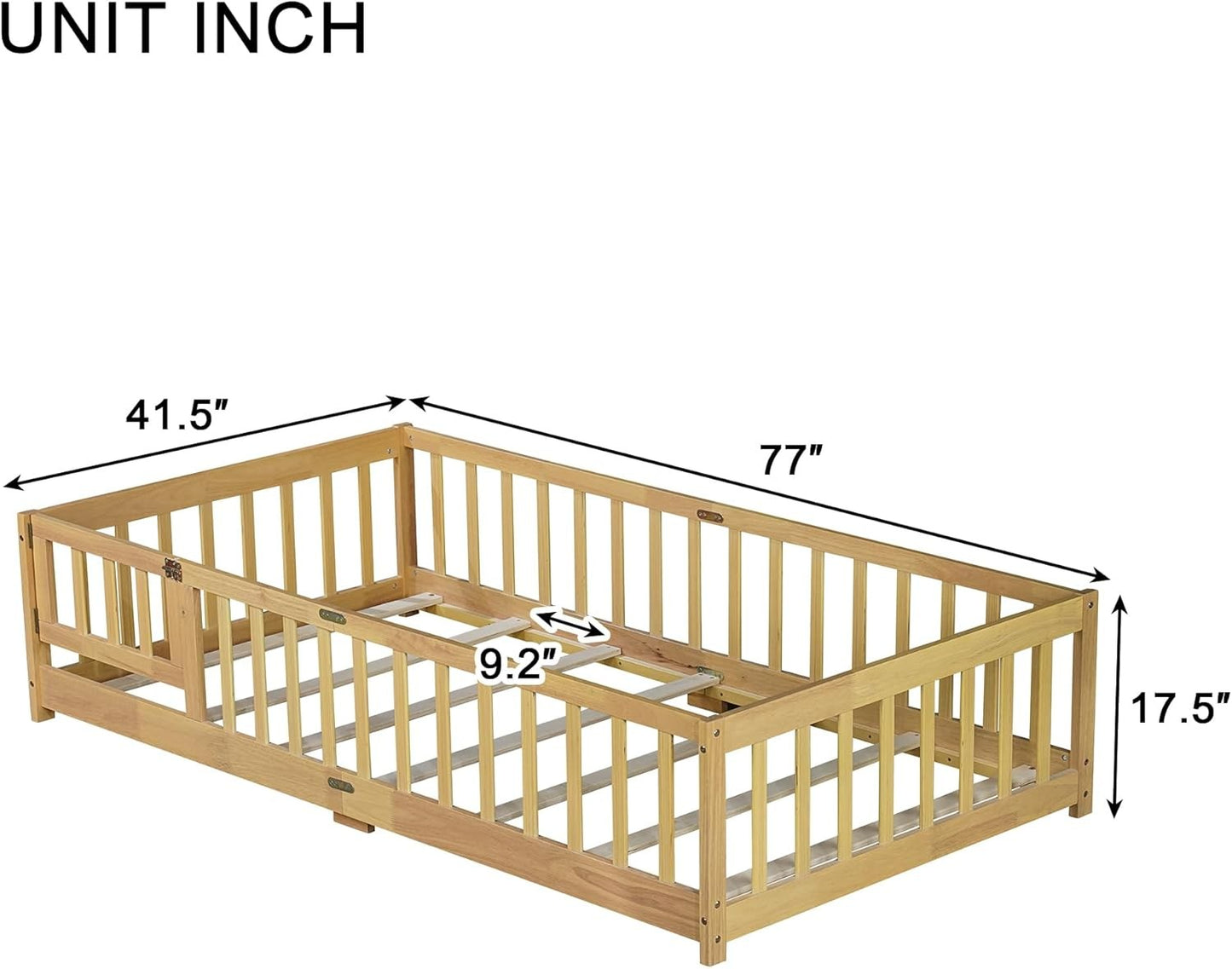 Cama de Chão Tamanho Solteiro para Crianças, Meninas, Meninos, Cama de Chão de Madeira de Borracha com Estrado e Porta/Grades/Cerca, Natural