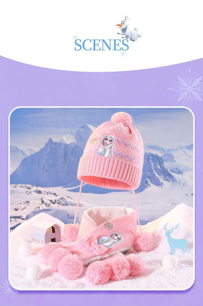 Disney Elsa Desenho Animado Bonito Chapéu e Cachecol de Estudante Criativo Kawaii Meninas Princesa Inverno Quente Conjunto de Três Peças Presente de Natal