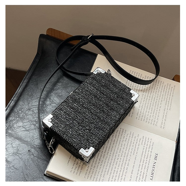 Couple's Sling Bag Straw Weaving with Corner Metal Decoration Boxy Shape Doctor Bag for Date Back to School Party Shoulder Bag