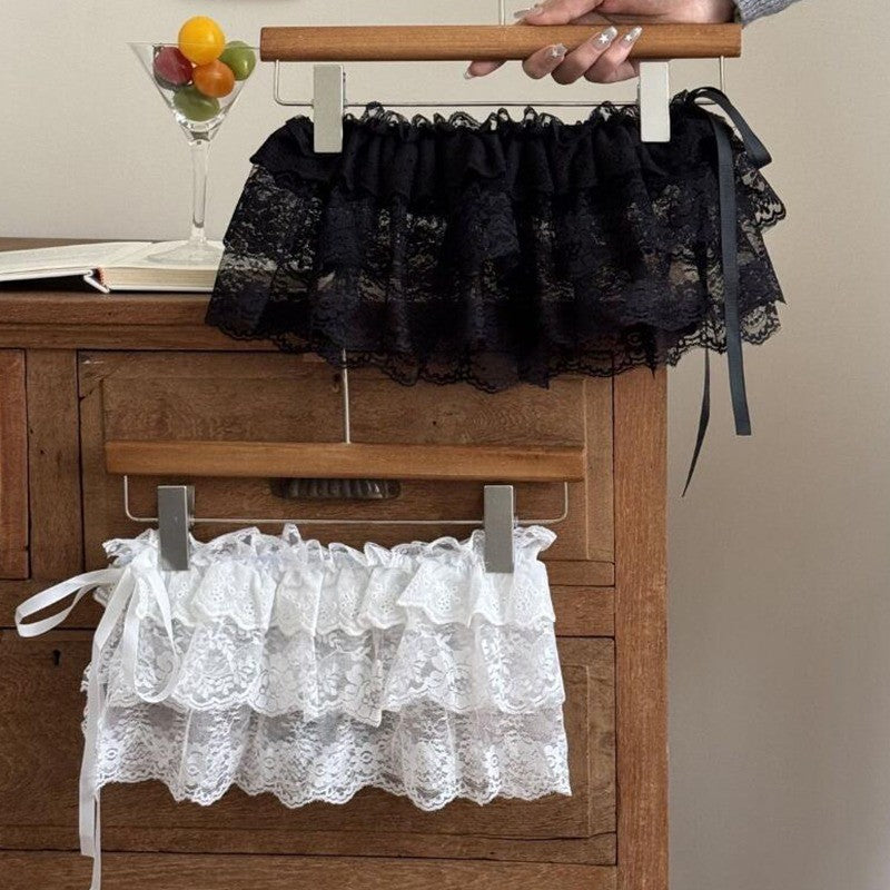 New Embroidered Flower Lace Mini Skirt See Through Y2K Streetwear Ruched Skirts Harajuku Butt Curtain Jeans Decoration