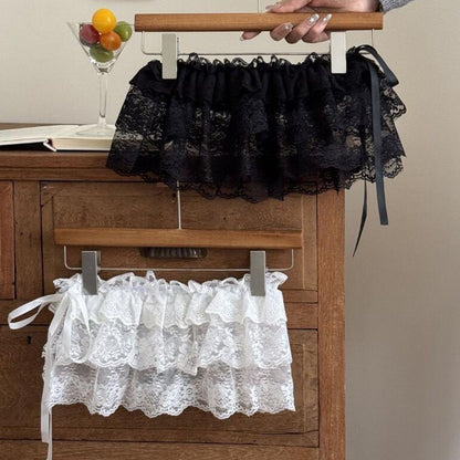 New Embroidered Flower Lace Mini Skirt See Through Y2K Streetwear Ruched Skirts Harajuku Butt Curtain Jeans Decoration