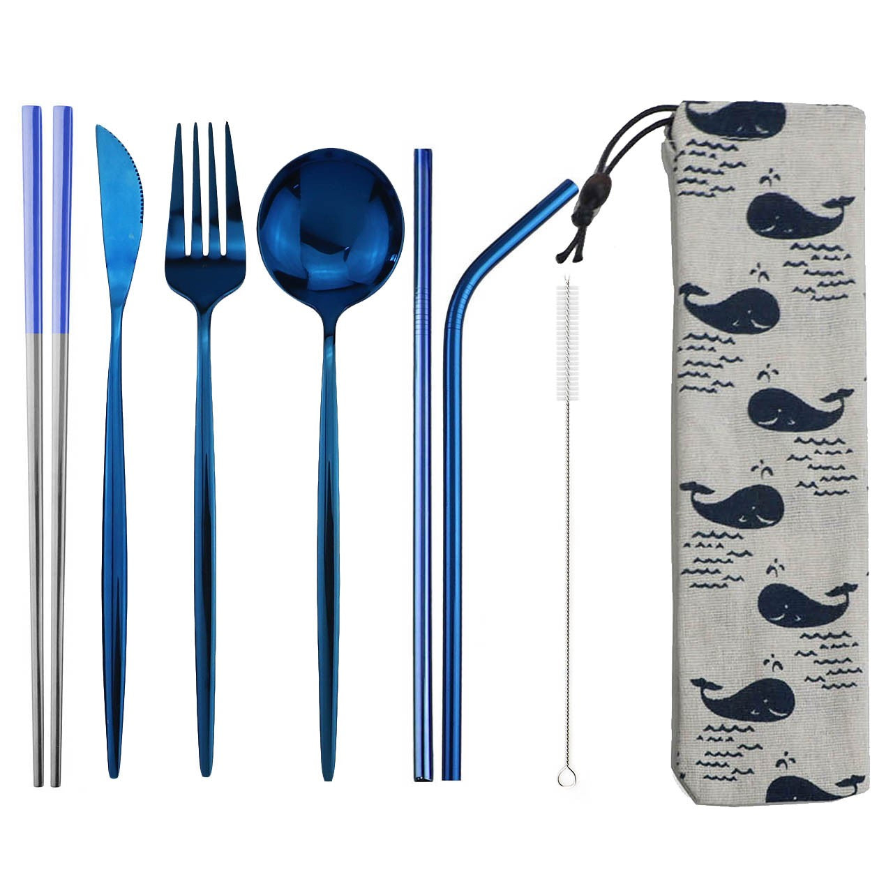 Conjunto de Talheres de 8 Peças Portátil para Viagem, Azul, Faca, Garfo, Colher, Hashis e Canudo de Aço Inoxidável com Bolsa