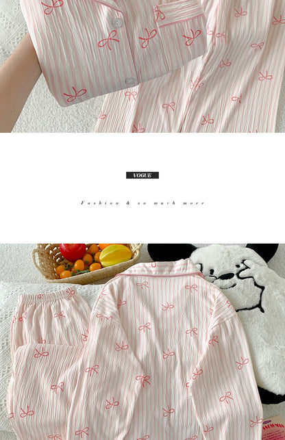 Spring and Autumn Sweet Bow Korean Style Ins Wrinkled Fabric Long Sleeve Cardigan Nightgown Women's High-Quality Homewear Set