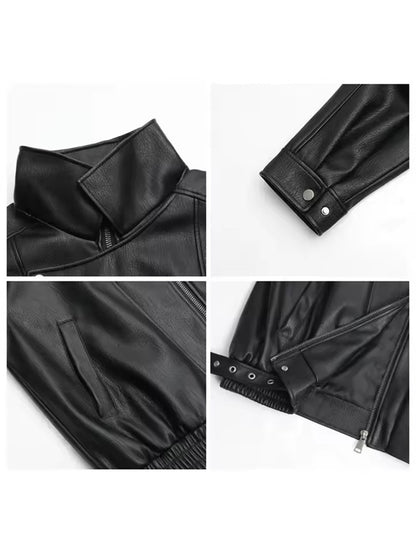Mauroicardi Spring Autumn Retro Black Oversized Pu Leather Motorcycle Jacket Women Belt Zipper Luxury European Fashion 2025