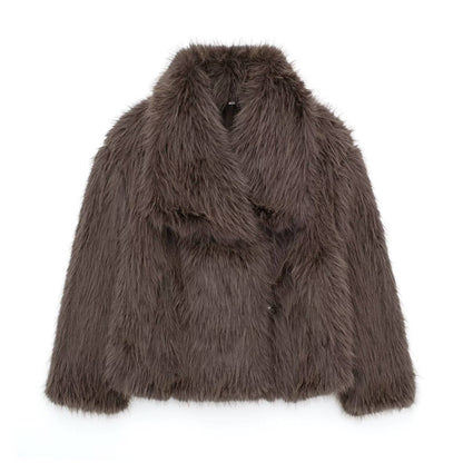 HH 2025 Vintage Women Cropped Faux Fur Jacket Long Sleeve Turn-Down Collar Female Plush Wool Coats Chic Lady Fur Outerwear