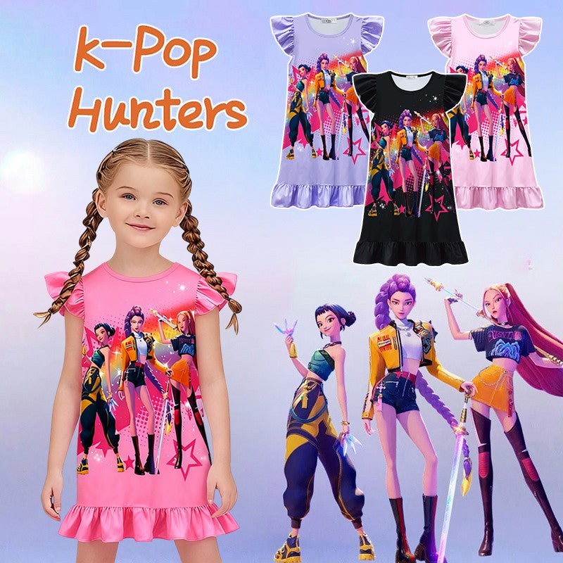 K-POP Demo Hunte Printed Sleeping Skirt Big Butterfly Sleeve Loose Pajamas Children Girls Sleeping Clothing Casual Home Wear