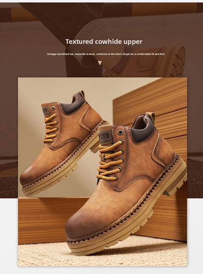 New Men's Casual High-top Boots, Anti-slip and Wear-resistant Thick-soled Height-increasing Shoes, Street Retro Work Boots