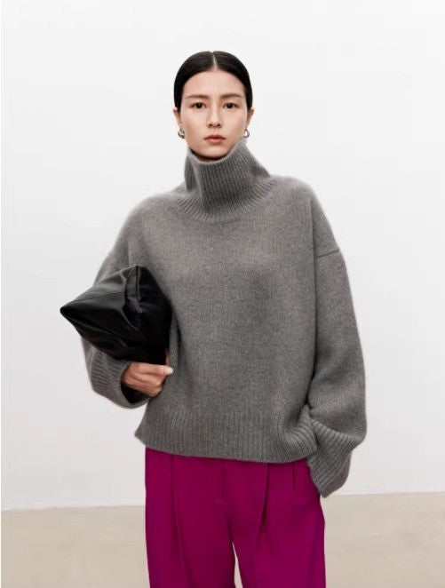 Thickened turtleneck 100% pure cashmere sweater women's loose lazy knit silhouette sweater European products