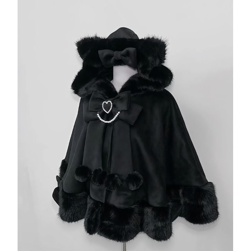 2025 Winter New Lolita Shawl Overcoat Women Design Bow Hooded Patchwork Kawaii Cope Coat Female Warm Chic Sweet Christmas Coat