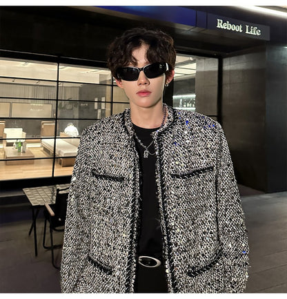 Korean Fashion Shiny Sequin Jacket Sliver Round Collar Long Sleeve Jackets Coats Autumn New Ladies Gentleman High Street