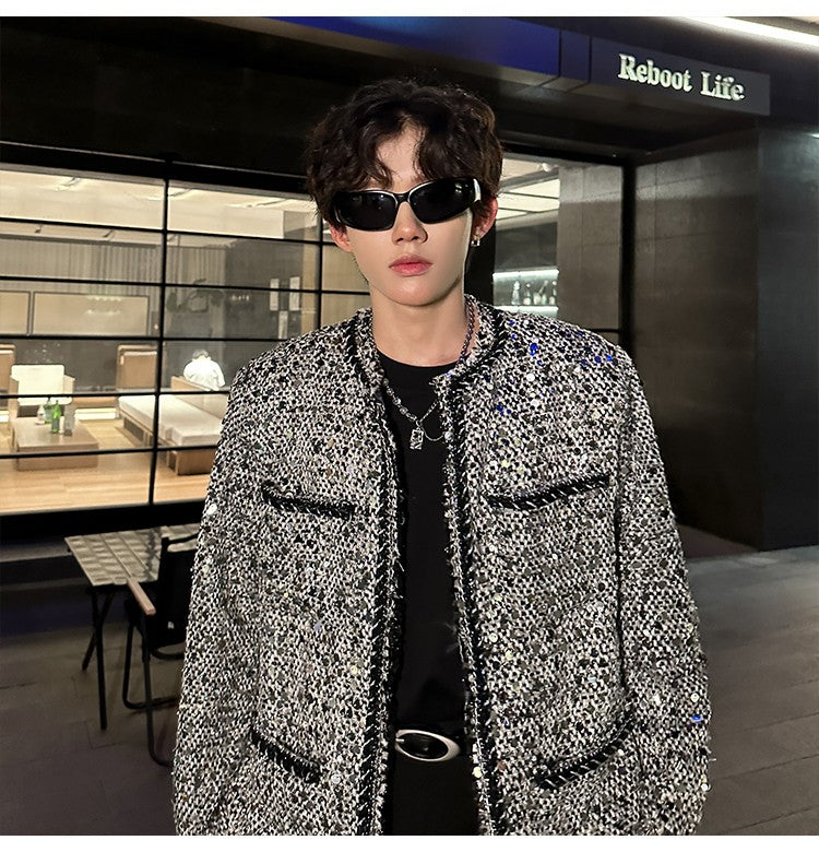 Korean Fashion Shiny Sequin Jacket Sliver Round Collar Long Sleeve Jackets Coats Autumn New Ladies Gentleman High Street