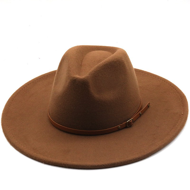9.5cm Wide Brim Fedora Hats with Brown Belt Autumn Winter Women Party Top Hat Men Jazz Retro Cowboy Felt Cap Panama Sun Hat