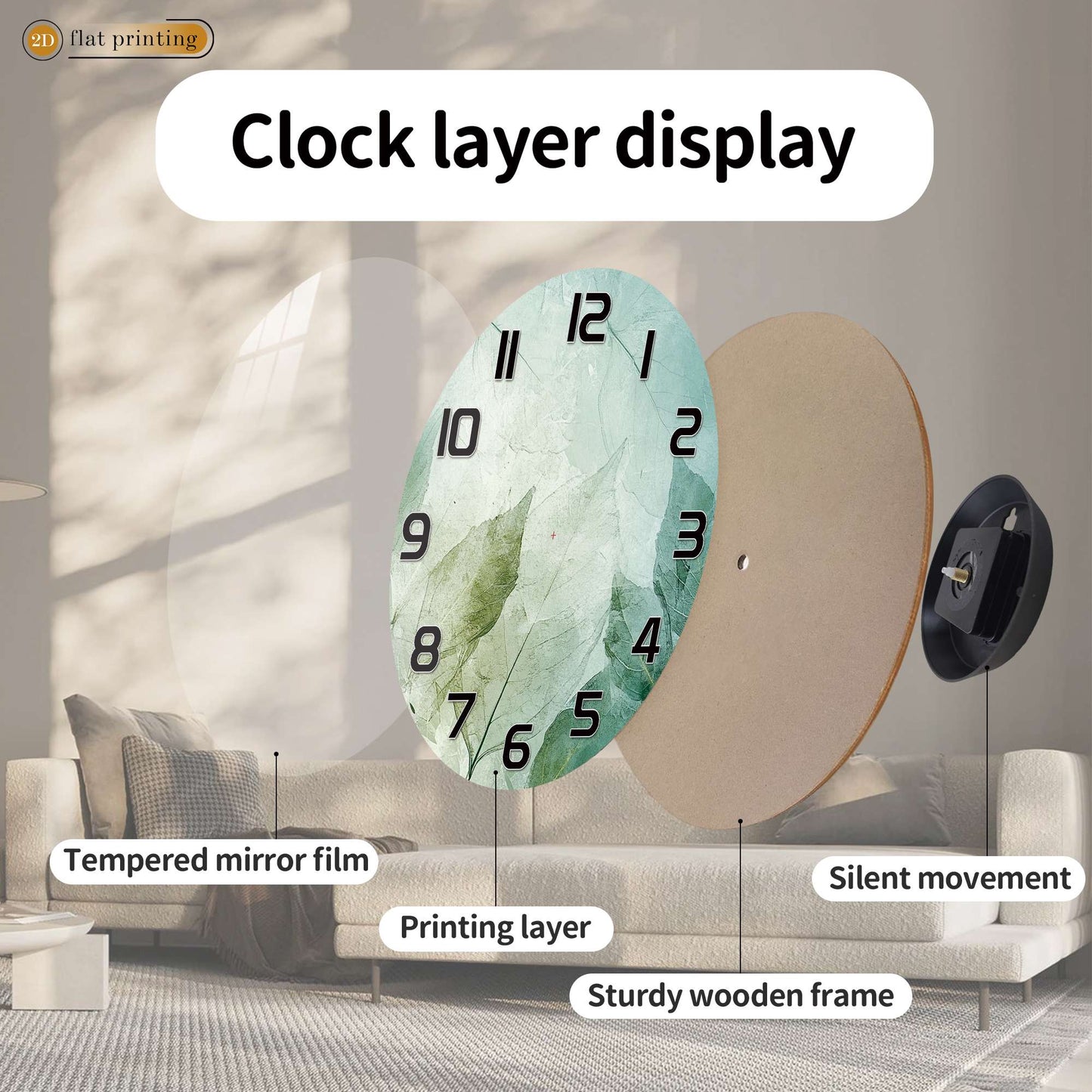 Fresh Green Leaf Print Wall Clock - Minimalist Botanical Pattern, Noiseless Sweeping Mechanism, Kitchen/Bathroom Decorative Time