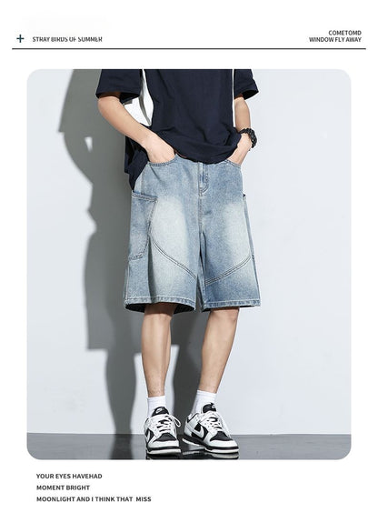 Summer New Baggy Denim Shorts Fashion Casual Straight Harajuku Jeans Male Vintage Wash Drawstring Short Pants Streetwear