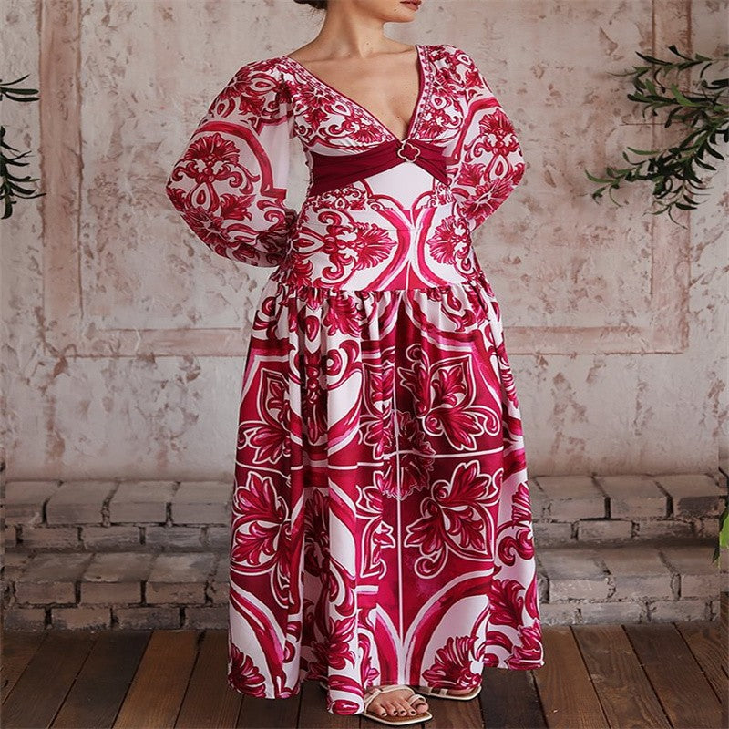 Flaxmaker Classic Women Sexy Bikini Sets Long Sleeves Majolica Series Pattern Print One Piece Swimsuit Skirt Biquini Beachwear