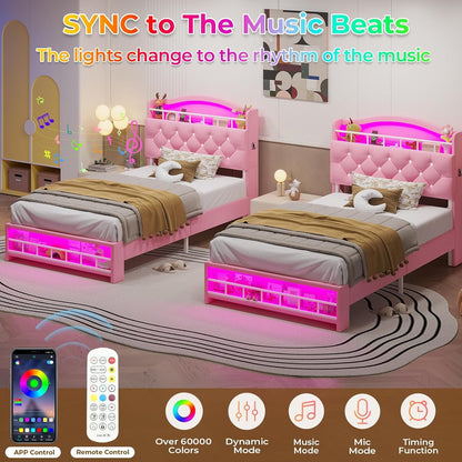 Cama de Solteiro com Estrutura de LED, Cama Plataforma Estofada em Veludo Princesa para Meninas, Cabeceira com Estação de Carregamento