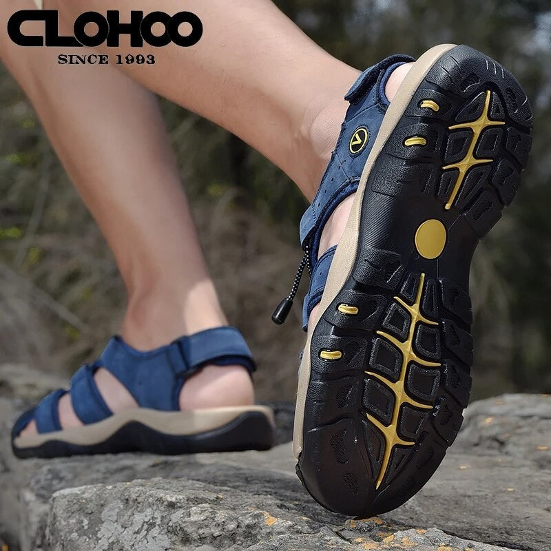 Fashion Men Genuine Leather Shoes 2025 Summer Non Slip Outdoor Water Walking Hiking Trekking Shoes Comfortable Casual Sneakers