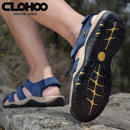 Fashion Men Genuine Leather Shoes 2025 Summer Non Slip Outdoor Water Walking Hiking Trekking Shoes Comfortable Casual Sneakers