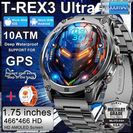 Novo Smartwatch Militar 2026 Bateria de 1000mAh Rastreamento GPS Bússola 10ATM À Prova D'água Tática Esportivo Lanterna Chamada HD Smartwatch Masculino
