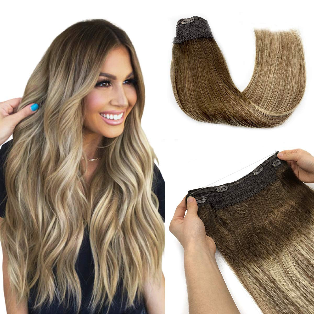 Cabelo Humano Liso de Extensão com Fio para Mega Hair, Linha de Pesca, Fusão Natural de Extensões de Cabelo com Clipes, Trama de Extensões para Mulheres