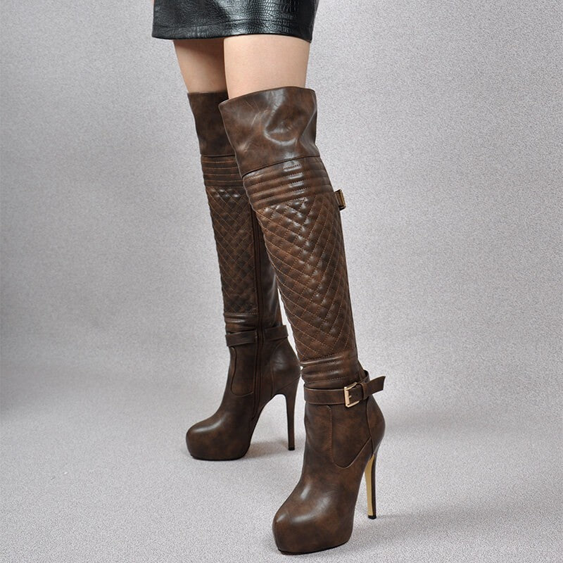 Onlymaker Women Over The Knee Boots Thin High Heel Lady Black Metal Chain Decoration Zipper Female Platform Boots