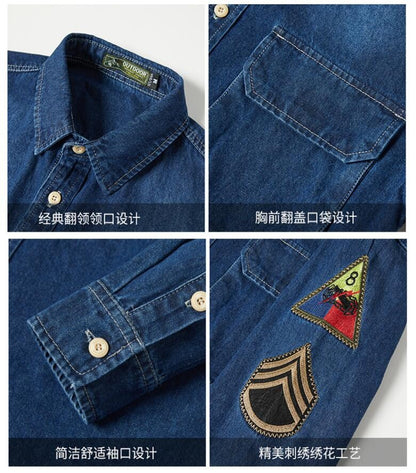 Men Long Sleeved Casual Denim Shirts High Quality Male Cotton Multi pockets Cargo Shirts New Spring Man Fashion Jeans Shirts 5XL