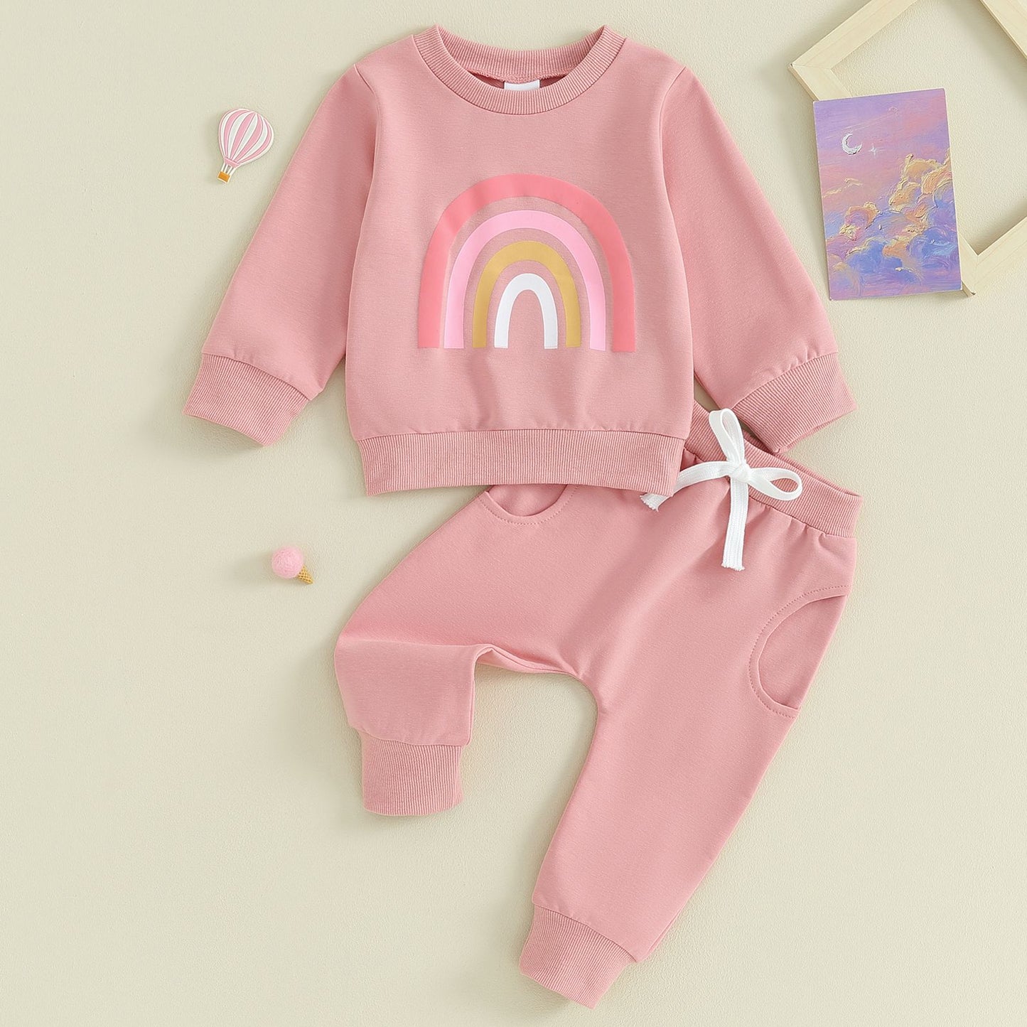 Pudcoco Infant 2PCS Baby Girls Fall Outfits Long Sleeve Rainbow Print Sweatshirt + Pants Set Toddler Clothes 3M-3T