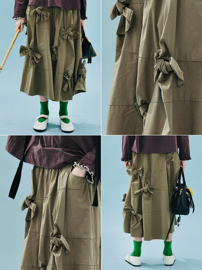 imakokoni 2025 Early Autumn Artistic Washed Braided Bow Half-Dress Casual Retro Women's A-Line Skirt255188