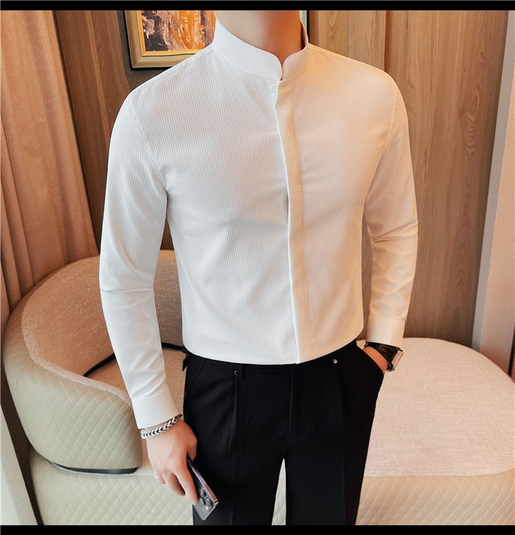 Men Standing Collar Shirt Long Sleeved 2024 Autumn British Style Solid Casual Hidden Button Elastic Slim Fit Formal Dress Shirt