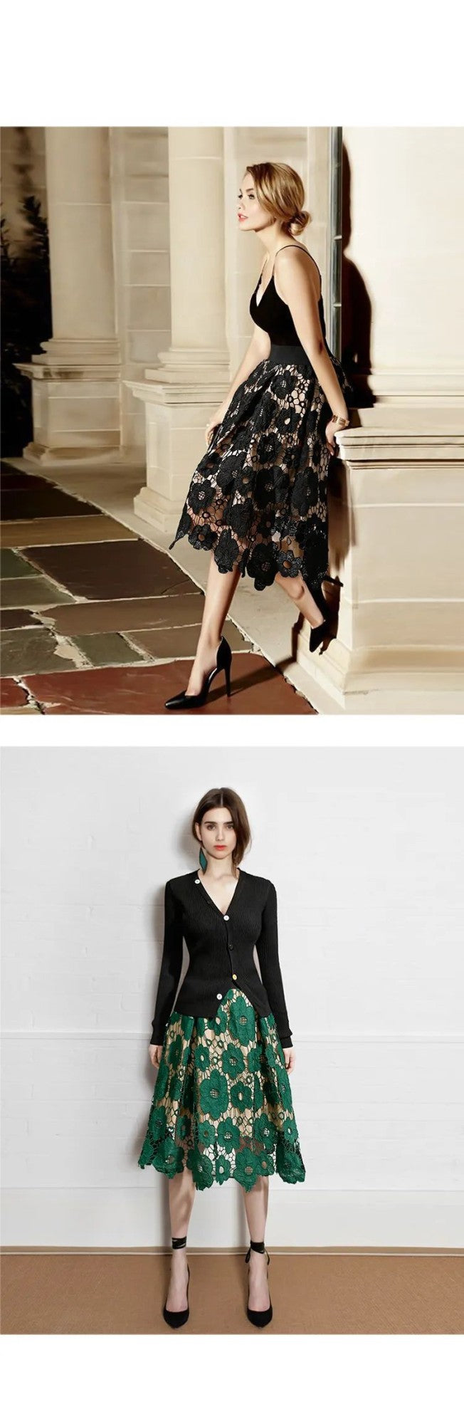 Summer Boho Lace Skirts Women Vintage Mesh Hollow Out Plus Size Skirt Elastic Waist Elegant  A-Line Midi Saias Black Red Green