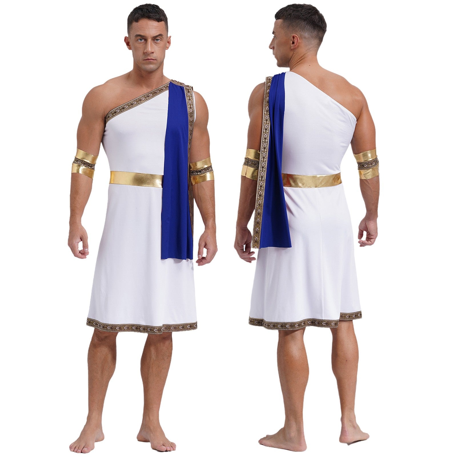 Mens Ancient Greek Toga Roman King Prince Cosplay Costume Halloween One Shoulder Embroidered Robe Dress Theme Party Outfits