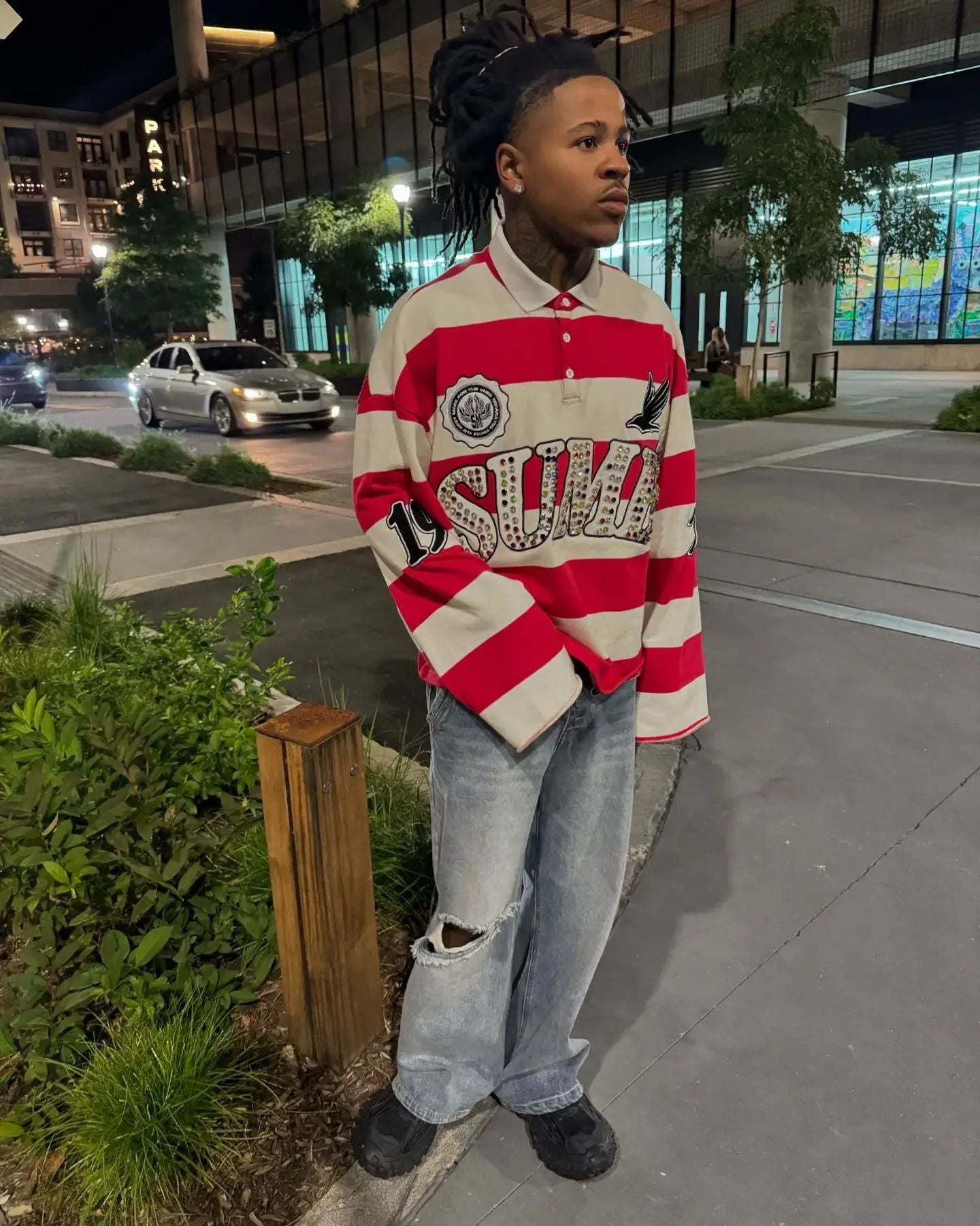 New Sume Gem Stone Embroidery Rugbys Long Sleeved T-shirt Men Women Harajuku Hip Hop Stripe Polo Shirt Classics Lapel Neck Shirt