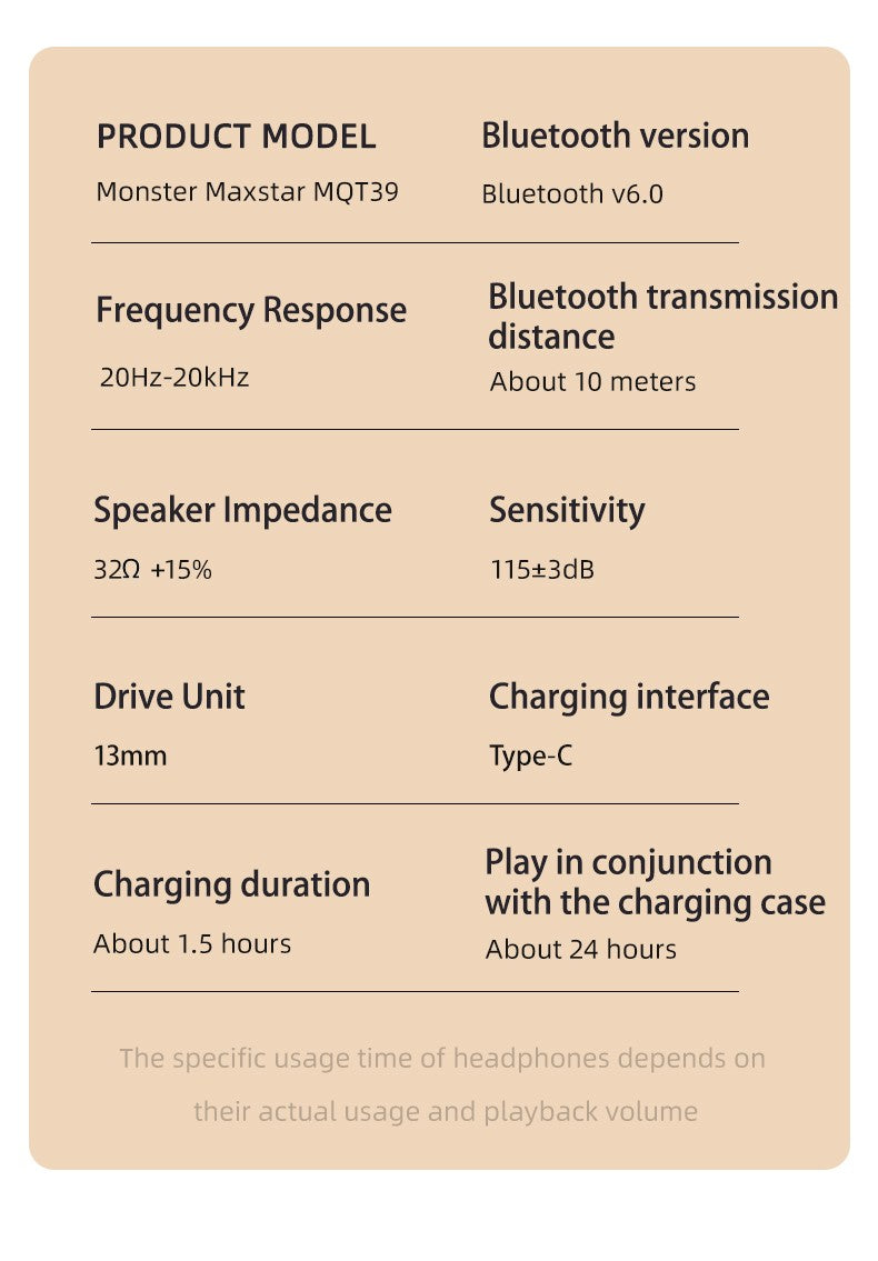 Monster MQT39 Wireless Bluetooth 6.0 Earphones TWS Hifi Stereo Headphones Noise Reduction Gaming Earbuds Sports Headset With Mic