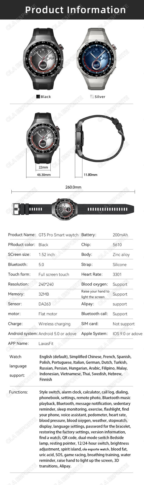 Novo Smartwatch GT5 Pro 5 Pro Masculino Tela HD AMOLED GPS Frequência Cardíaca Chamada Bluetooth IP68 À Prova D'água Smartwatch Masculino Presentes de F Fim de Ano