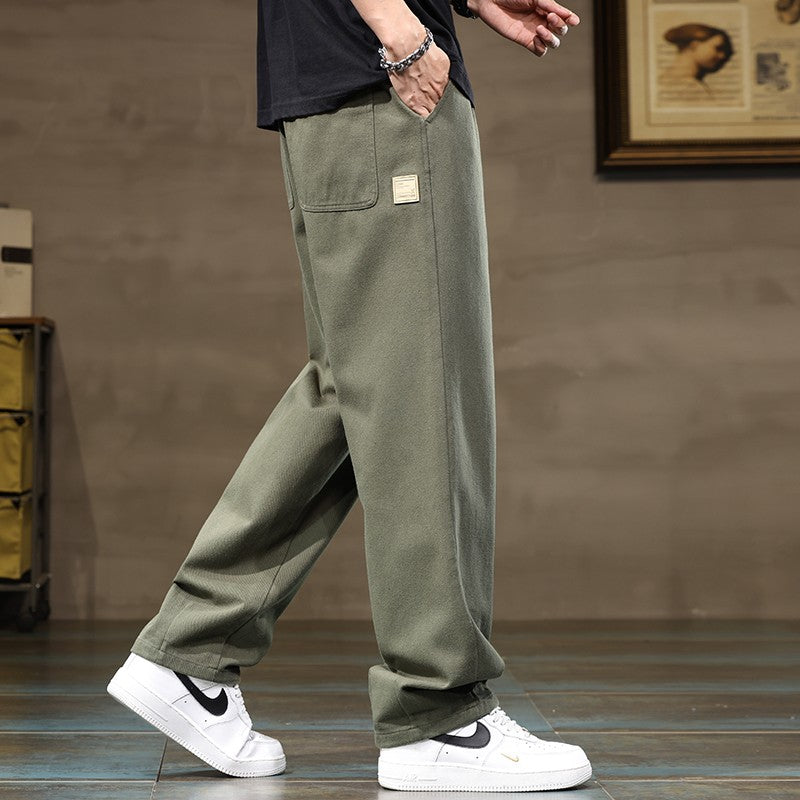 100% Cotton Men's Loose Wide Leg Pants Elastic Waist Fashion ArmyGreen Khaki Korean Streetwear Autumn Straight Trousers
