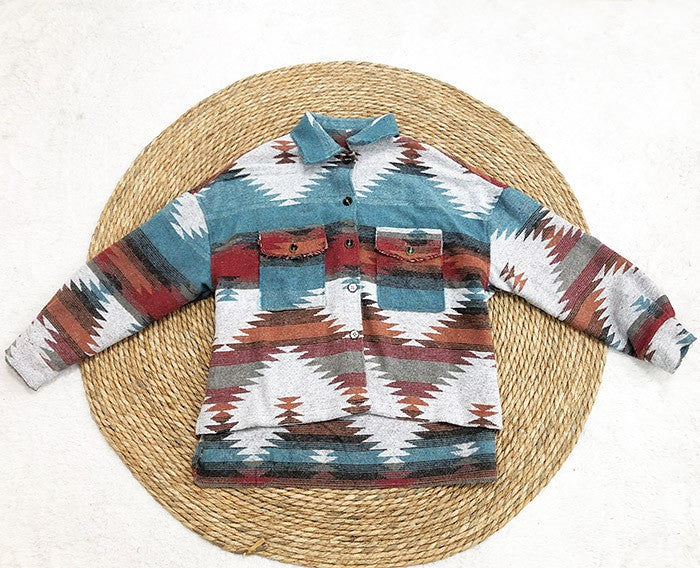 Vintage Jacket Women Splicing Loose Jacket Denim Print Aztec Retro Ethnic Style Long Sleeved Shirt Streetwear Female Goth Coat